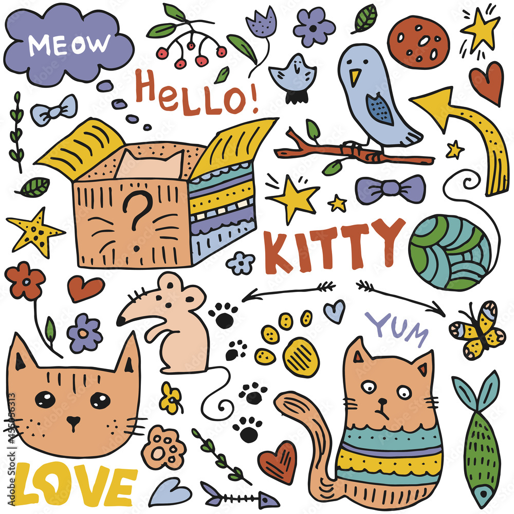 Fototapeta premium Doodle style hand drawn. Nature, animals and elements. Vector illustration. Cat life. Colorful illustration.