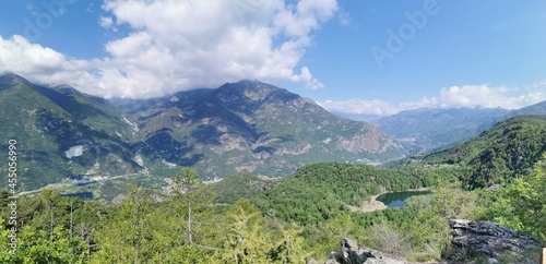 Panoramic aerial view of the valley of Dora Baltea river with the nice and small Villa lake on the mountain trail Monte Rosa Rand   