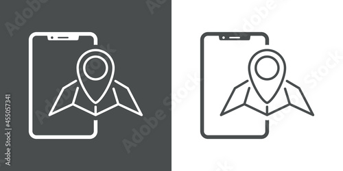 Icono silueta de smartphone con mapa con puntero con lineas en fondo gris y fondo blanco
