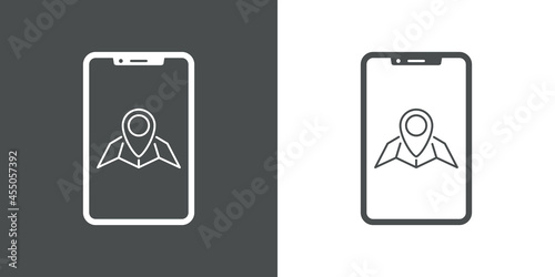 Icono silueta de smartphone con mapa con puntero con lineas en fondo gris y fondo blanco