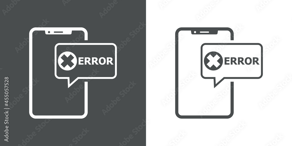 Icono silueta de smartphone con burbuja de habla con aspa y palabra error con lineas en fondo gris y fondo blanco Icono silueta de smartphone con burbuja de habla con aspa y palabra error con lineas en fondo gris y fondo blanco