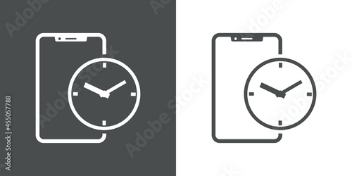 Icono silueta de smartphone con aplicación con esfera de reloj simple con lineas en fondo gris y fondo blanco