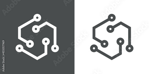 Tecnología electrónica. Logotipo circuito digital en cuadrado 3d con lineas en fondo gris y fondo blanco