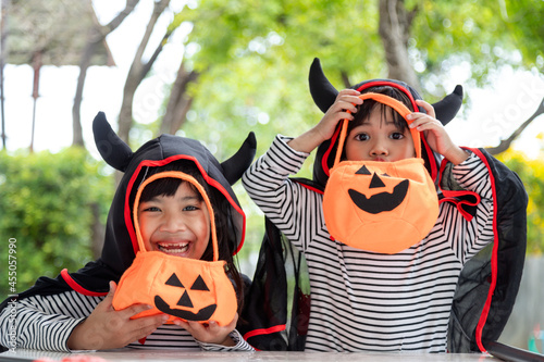 Children in costumes going to trick or treat photo