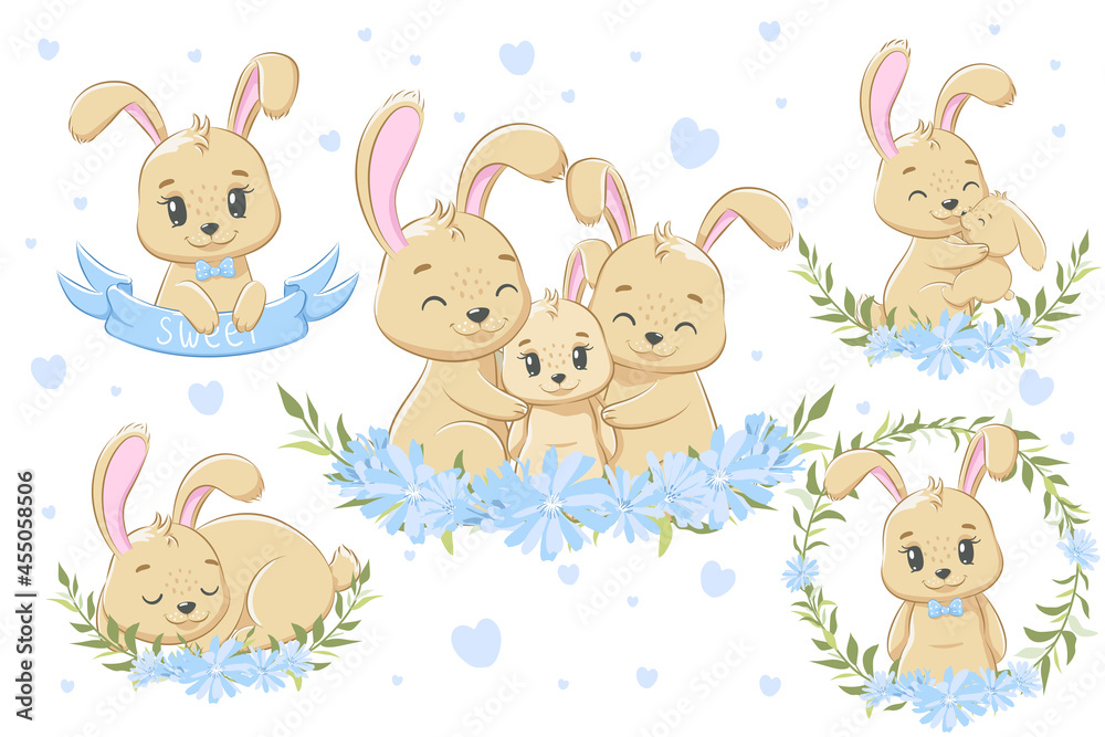 A collection of cute rabbit family for boys. Vector illustration of a cartoon.