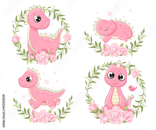 Set of cute baby dinosaurs illustration. Vector illustration for baby shower, greeting card, party invitation, fashion clothes t-shirt print.