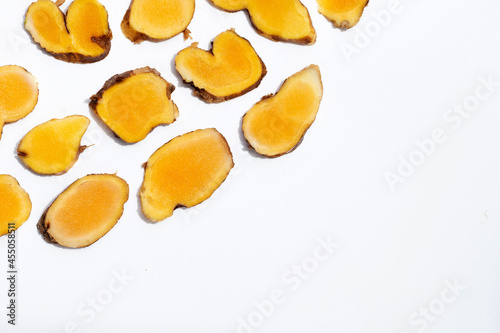 Phlai slices, Cassumumr ginger or zingiber montanum on white background.