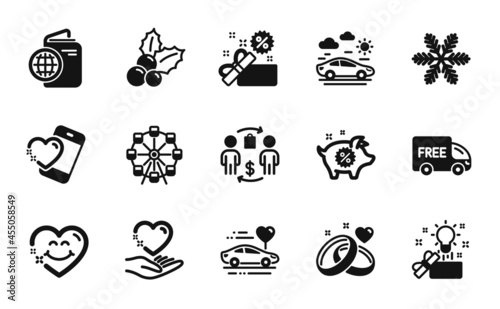 Vector set of Snowflake, Smile face and Ferris wheel icons simple set. Christmas holly, Honeymoon travel and Piggy sale icons. Heart, Hold heart and Creative idea signs. Vector