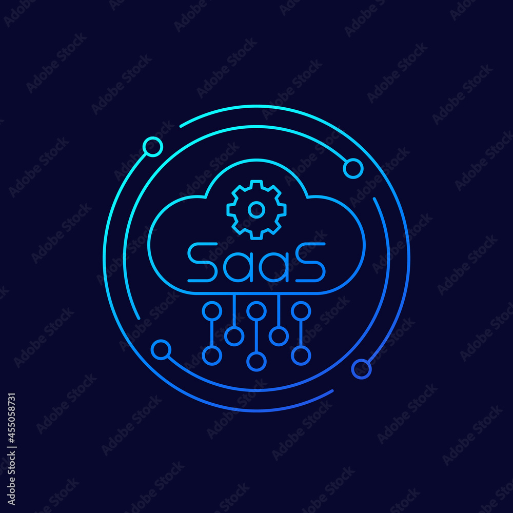 SaaS line icon with cloud and gear, vector