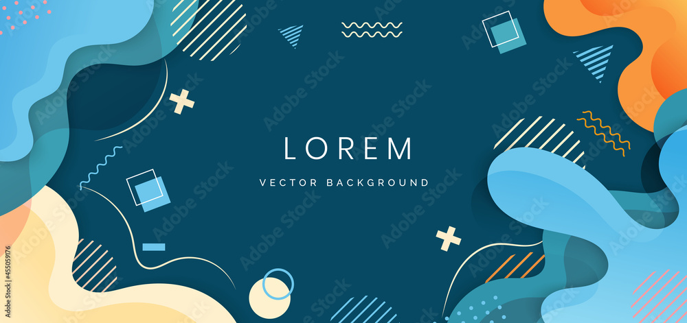 Modern background with fluid shape yellow, blue, orange pastel color and hand draw line on blue background flat minimal design.