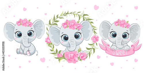 A set of cute and sweet baby elephants. Baby elephant girl. Vector illustration of a cartoon.
