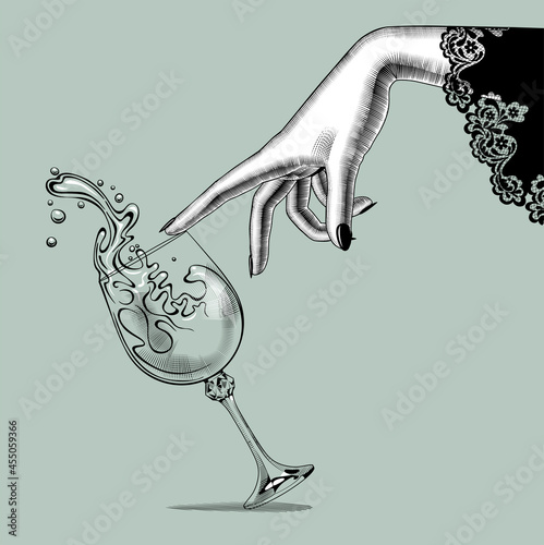 Engraved vintage drawing of Female hand and a falling glass with splashed wine