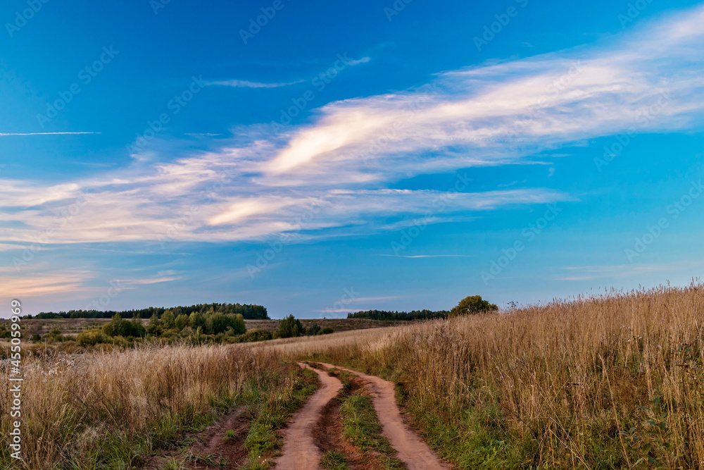 landscape with a dirt road in a field in an autumn evening landscape with a dirt road in a field in an autumn evening