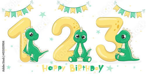 Collection of 3 cute green dinosaurs "Happy birthday, 1,2,3 years". Vector illustration of a cartoon.