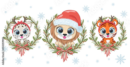A collection of 3 cute animals for the New Year and Christmas: a lion cub, a tiger cub and a leopard. Vector cartoon illustration.