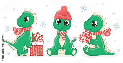 A collection of 3 cute dinosaurs for the New Year. Vector cartoon illustration.