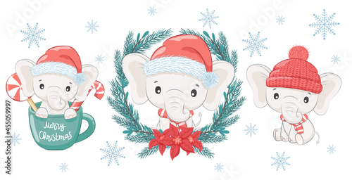 A set of three cute and sweet baby elephants for the New Year and Christmas. The elephant boy. Vector illustration of a cartoon.