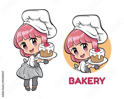 Cute female bakery chef presenting raspberry chocolate tart