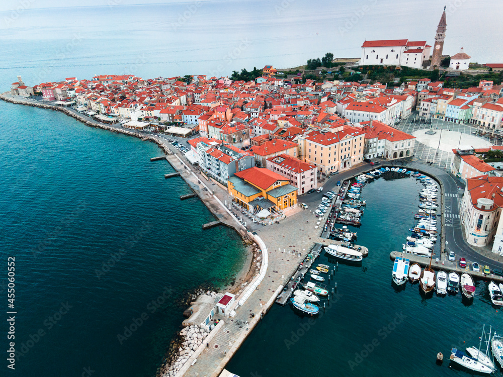 Piran Town and Harbour in Slovenia. Adriatic Sea Drone view