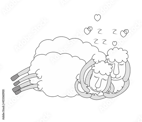 White sheep sleep sweetly in their arms. The concept of sweet dreams, relaxation, night rest, healthy sleep. Vector illustration in cartoon cheerful style on blue.