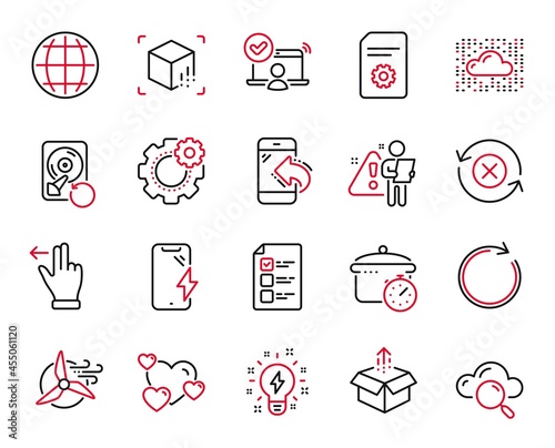 Vector Set of Technology icons related to Voting ballot, Cloud computing and Smartphone charging icons. Boiling pan, Online access and Globe signs. Voting ballot web symbol. Vector