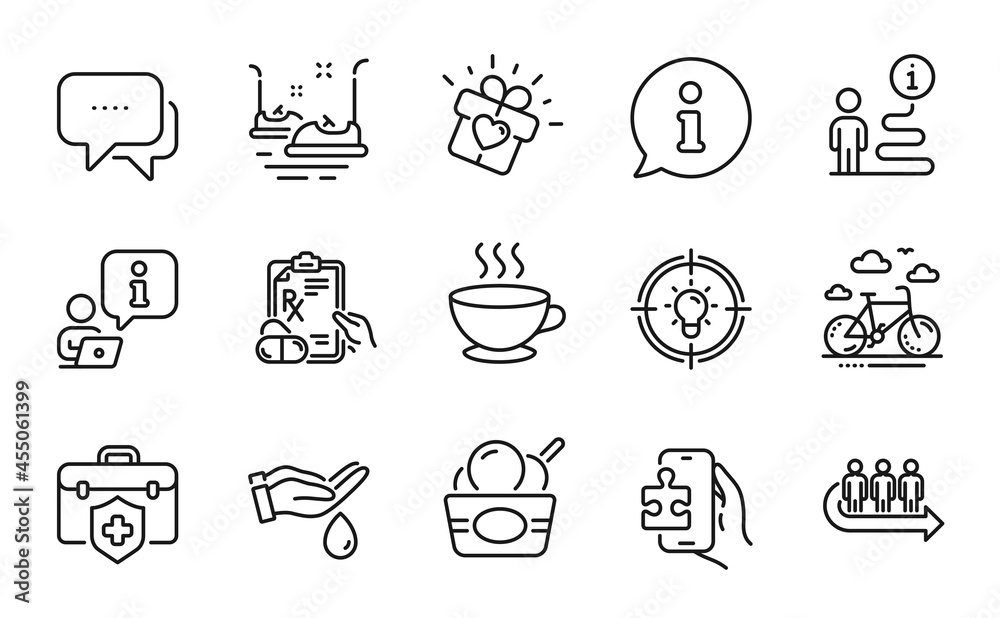 Fototapeta premium Business icons set. Included icon as Coffee cup, Bumper cars, Puzzle game signs. Idea, Prescription drugs, Message symbols. Medical insurance, Queue, Ice cream. Love gift, Bike rental. Vector