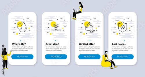 Set of Beauty icons, such as No sun, Oil drop, Night cream icons. UI phone app screens with people. Clean skin line symbols. Uv protect, Serum, Face lotion. Cold protect. Phone UI banners. Vector