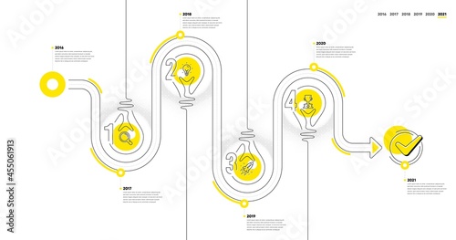 Business Infographic timeline with 4 steps. Lightbulb journey path infographics. Workflow process diagram with Research, Idea bulb, Startup rocket and Winner cup line icons. Vector