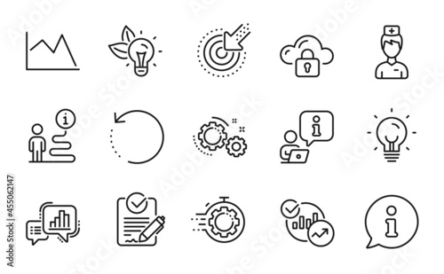 Science icons set. Included icon as Targeting, Cloud protection, Eco energy signs. Graph chart, Energy, Rfp symbols. Recovery data, Doctor, Gears. Seo timer, Line chart, Statistics. Vector