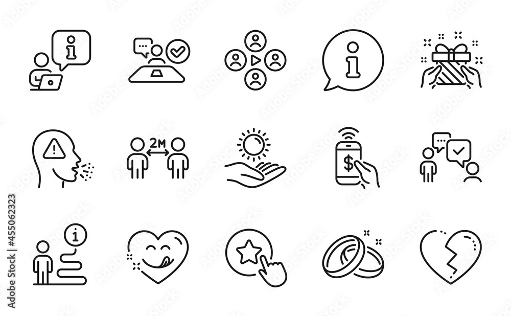 People icons set. Included icon as Wedding rings, Yummy smile, Cough signs. Broken heart, Job interview, Social distancing symbols. Loyalty star, Video conference, Phone payment. Gift. Vector People icons set. Included icon as Wedding rings, Yummy smile, Cough signs. Broken heart, Job interview, Social distancing symbols. Loyalty star, Video conference, Phone payment. Gift. Vector