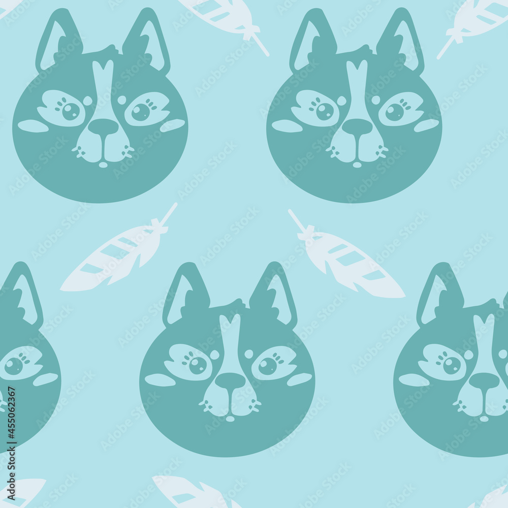 Seamless pattern for baby fabric. Animal faces. Delicate colors. Monochrome.