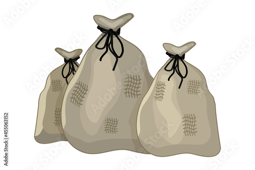 Bags isolated on white background. Three old brown sack.Sackcloth full pockets for harvest.Linen canvas bag tied rope.Sacks with christmas gifts.Fertilizer, compost or soil packing.Vector illustration
