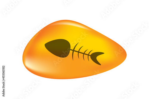 Fishbone in drop of amber isolated on white background. Fossilised tree resin. Ancient amber midge inclusion. Piece of amber with fish skeleton inside.Stone with prehistoric fossil.Vector illustration