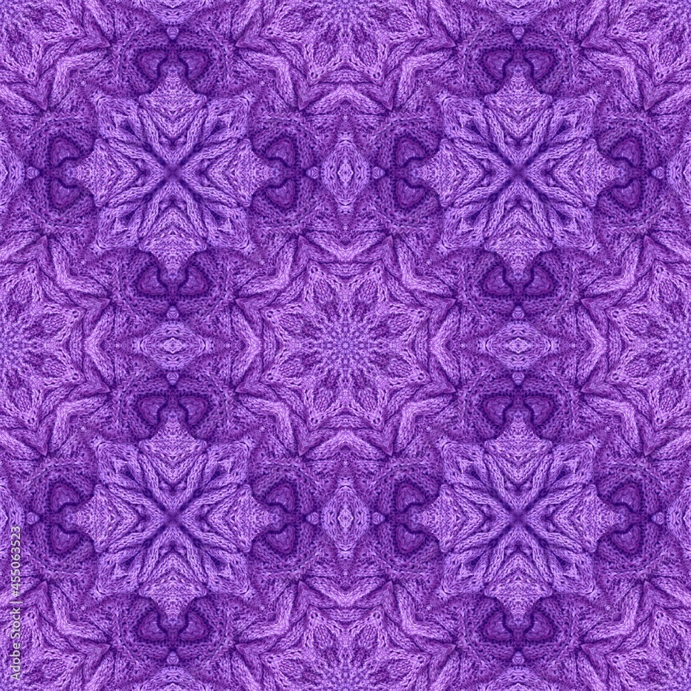 Beautiful seamless pattern with repeating knitted ornament in violet colors. Fashion print for fabric