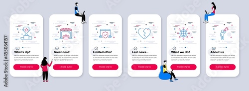 Vector Set of Business icons related to Broken heart, Laptop insurance and Online market icons. UI phone app screens with teamwork. Vector