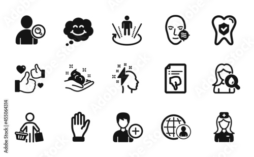 Vector set of Hospital nurse, Skin care and International recruitment icons simple set. Dental insurance, Brainstorming and Find user icons. Like, Buyer and Hand signs. Vector