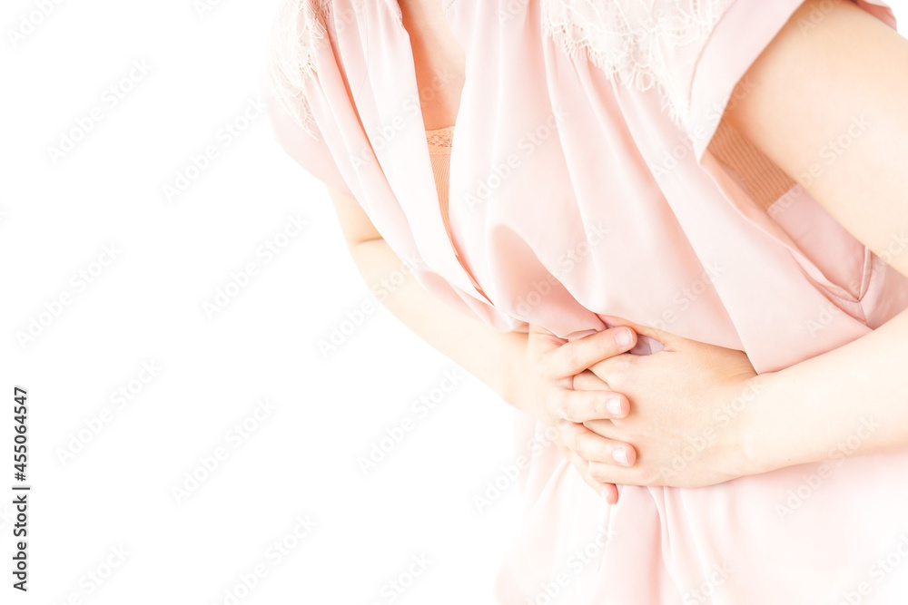 Naklejka premium 腹痛苦しむ若い女性客