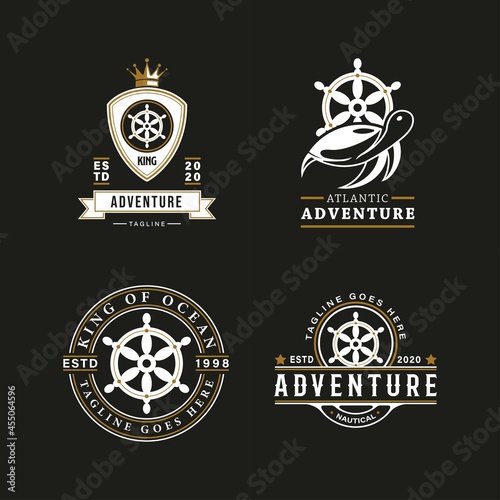 Set of Vintage Retro Ship steering wheel logo. With turtle  whale  crown  and shield on gold  black  white colors. Premium and luxury logo template