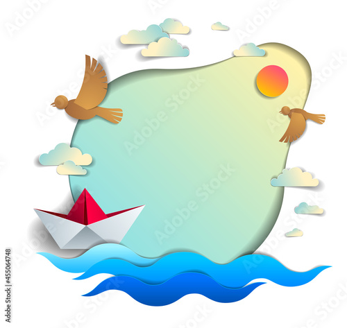 Paper ship swimming in the sea waves with beautiful beach and palms  frame or border with copy space  origami toy boat floating in the ocean  scenic seascape  birds and clouds in the sky  vector.