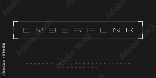 Futuristic cyberpunk style font. English alphabet and numbers in cyberpunk tech style. Good for design banners, electronic music events, game titles. HUD font.