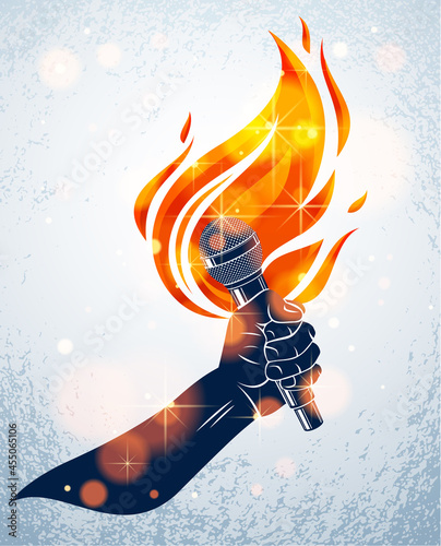 Microphone in hand on fire, hot mic in flames live show, rap battle rhymes music, concert festival or night club label, karaoke singing or standup comedy, vector logo, t-shirt print.