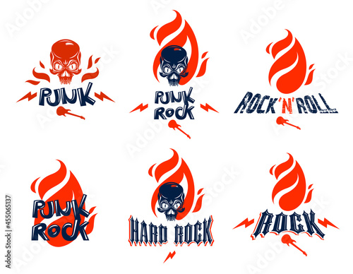 Skull in a flames Hard Rock music vector logos or emblems set, aggressive skull dead head on fire Rock and Roll labels, Punk festival concert or club, musical instruments shop or recording studio.