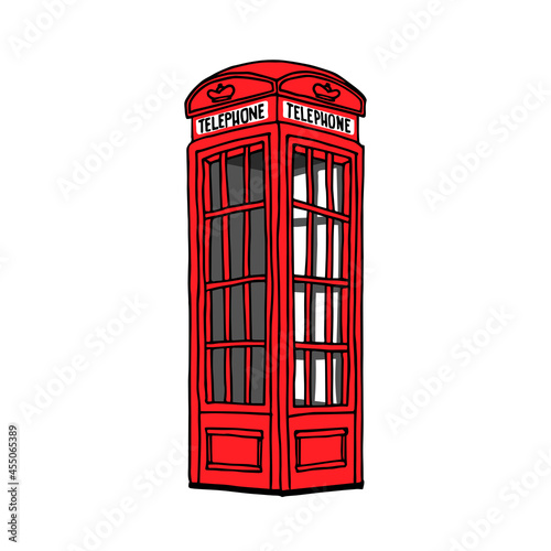 red British telephone booth, an old landmark of the city, a symbol of London, a color vector illustration with black contour lines isolated on a white background in a cartoon and hand drawn style