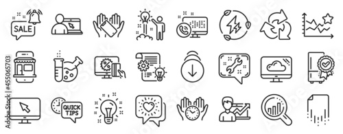 Set of Technology icons, such as Online shopping, Friends chat, Recycle icons. Creative idea, Certified refrigerator, Quick tips signs. Web call, Cloud storage, Green electricity. Internet. Vector
