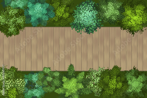Vector illustration. Landscape design. Top view. Wooden bridge and trees. View from above.