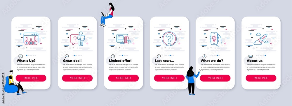 Set of Technology icons, such as Survey results, Question mark, Search employee icons. UI phone app screens with teamwork. Electric app, Online payment, Startup rocket line symbols. Vector