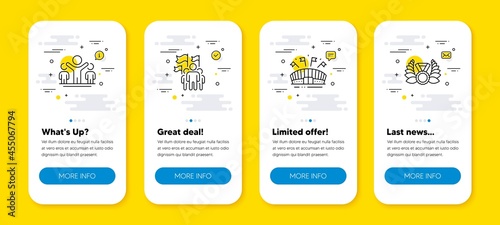 Vector set of Leadership, Winner and Sports arena line icons set. UI phone app screens with line icons. Laureate medal icon. Winner flag, Best results, Event stadium. Laurel wreath. Vector
