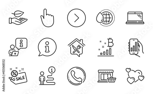 Business icons set. Included icon as Food delivery, Analysis app, Forward signs. Leaf, Call center, Heart symbols. Hand click, Laptop, World water. Sale, Marketplace, Bitcoin graph. Vector