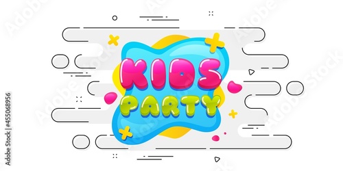 Kids party sticker. Geometric ad banner on flow pattern. Fun playing zone banner. Children games party area icon. Transition pattern cover. Kids party label. Vector