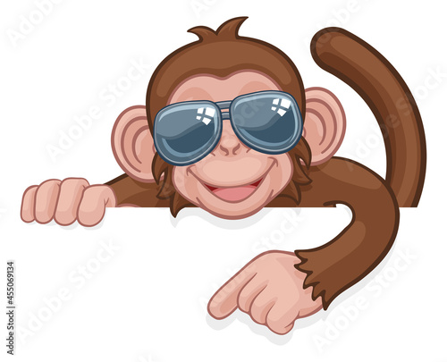 Monkey Sunglasses Cartoon Animal Pointing At Sign